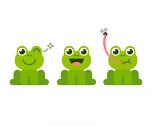 tres sapos de dibujos animados sobre fondo blanco.